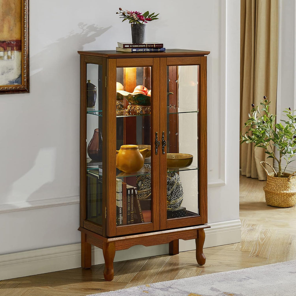 Lighted Curio Cabinet, Modern Floor Standing Glass Curio Cabinet Display Case Cabinet with Adjustable Shelves, Mirrored Back Panel and Tempered Glass Doors for Home/Office (Oak)