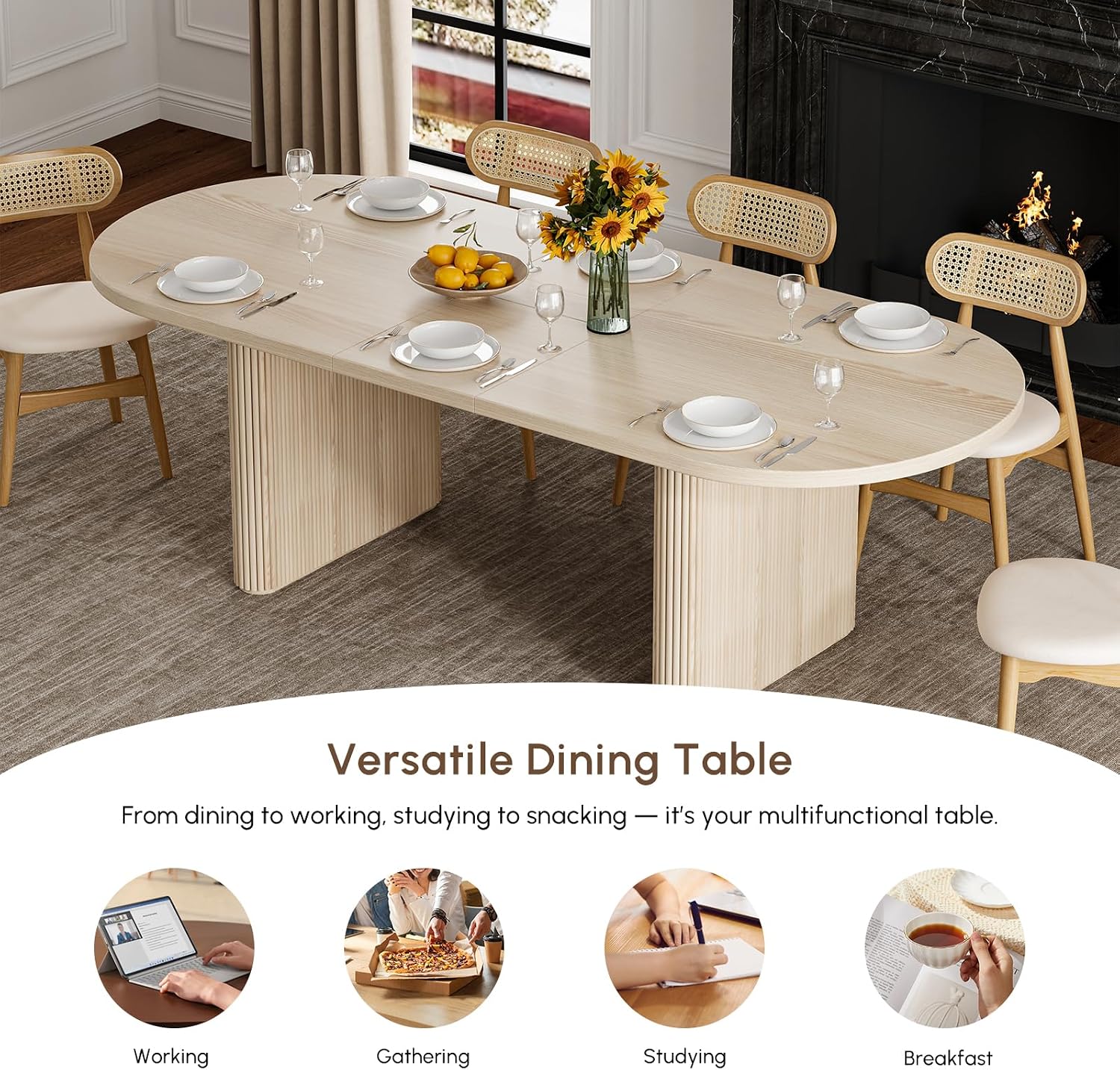 homary Oval Extendable Dining Table 79"–94", Japandi Wooden Dining Table for 6–10, Solid Wood Kitchen & Dining Room Table with Double Pedestal Base (Table Only)
