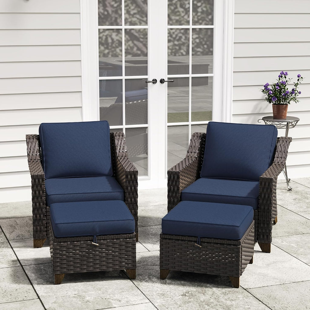 4 Pieces Patio Conversation Furniture Set - 2 Chairs with Ottomans Set of 2, Outdoor Wicker Armchairs with Water-Resistant and Washable Cushions for Porch, Balcony, Sunroom (Navy Blue)
