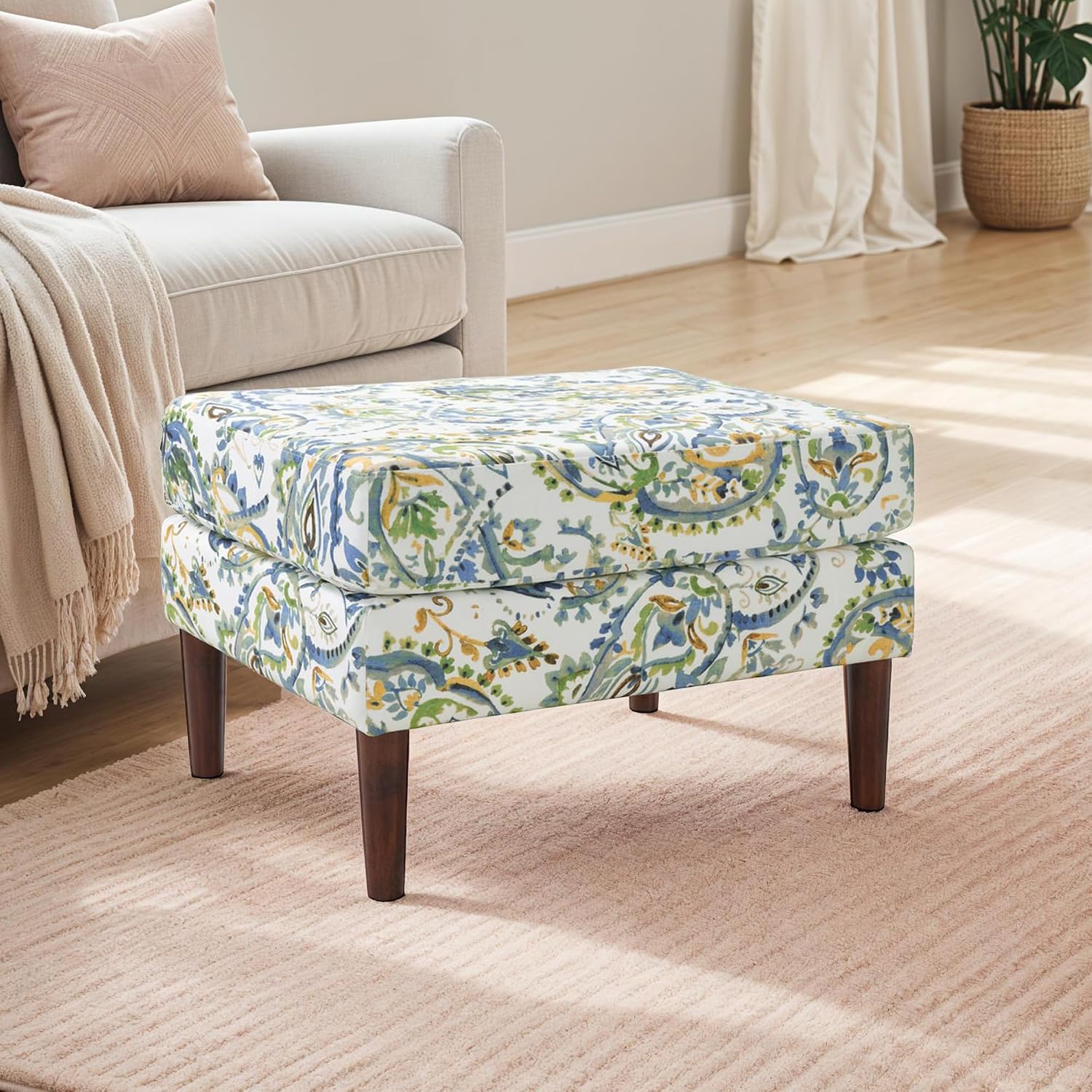 Convenience Concepts Designs4Comfort Marlow Ottoman 27" - Mid-Century Modern Upholstered Footrest & Seat for Living Room, Bedroom, Hallway, or Entryway, Paisley Fabric