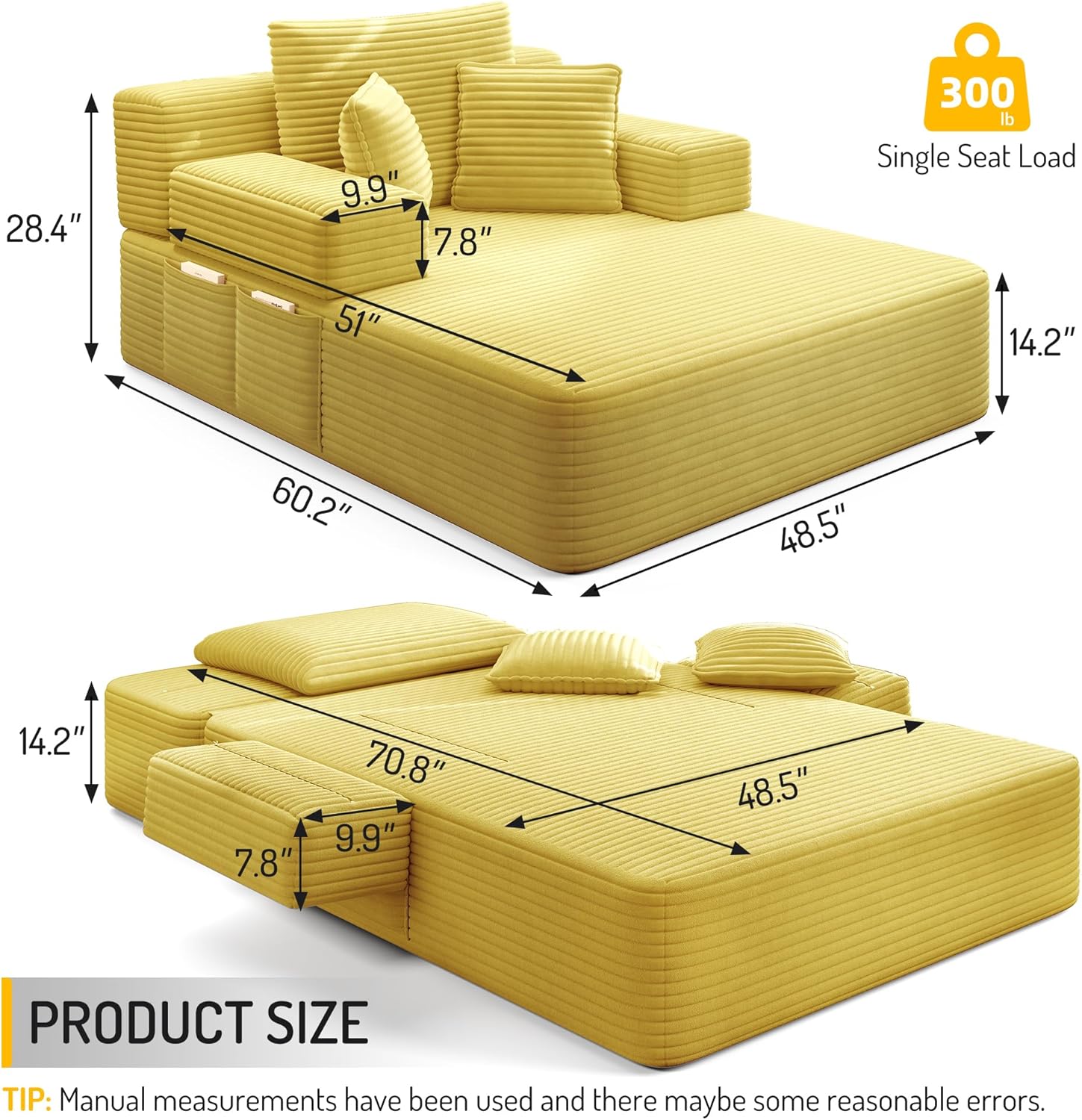 Oversized Chaise Lounge Chair Indoor, Upholstered Single 68''Convertible Sofa Bed with Storage Pocket, Frameless Design & Compression Foam for Small Spaces, Living Room, Apartment, Yellow