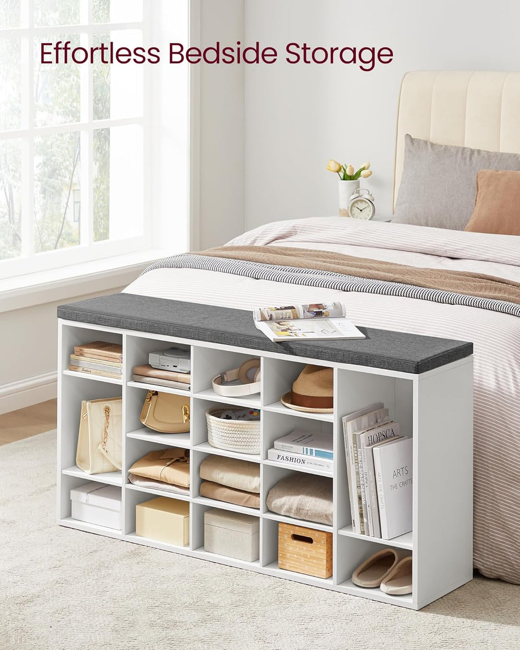VASAGLE Custos Collection - Shoe Bench, Storage Bench with Padded Seat, Entryway Bench with 20 Compartments, for Bedroom, 12 x 47.2 x 24.7 Inches, Cloud White and Dove Gray ULHS045WB01