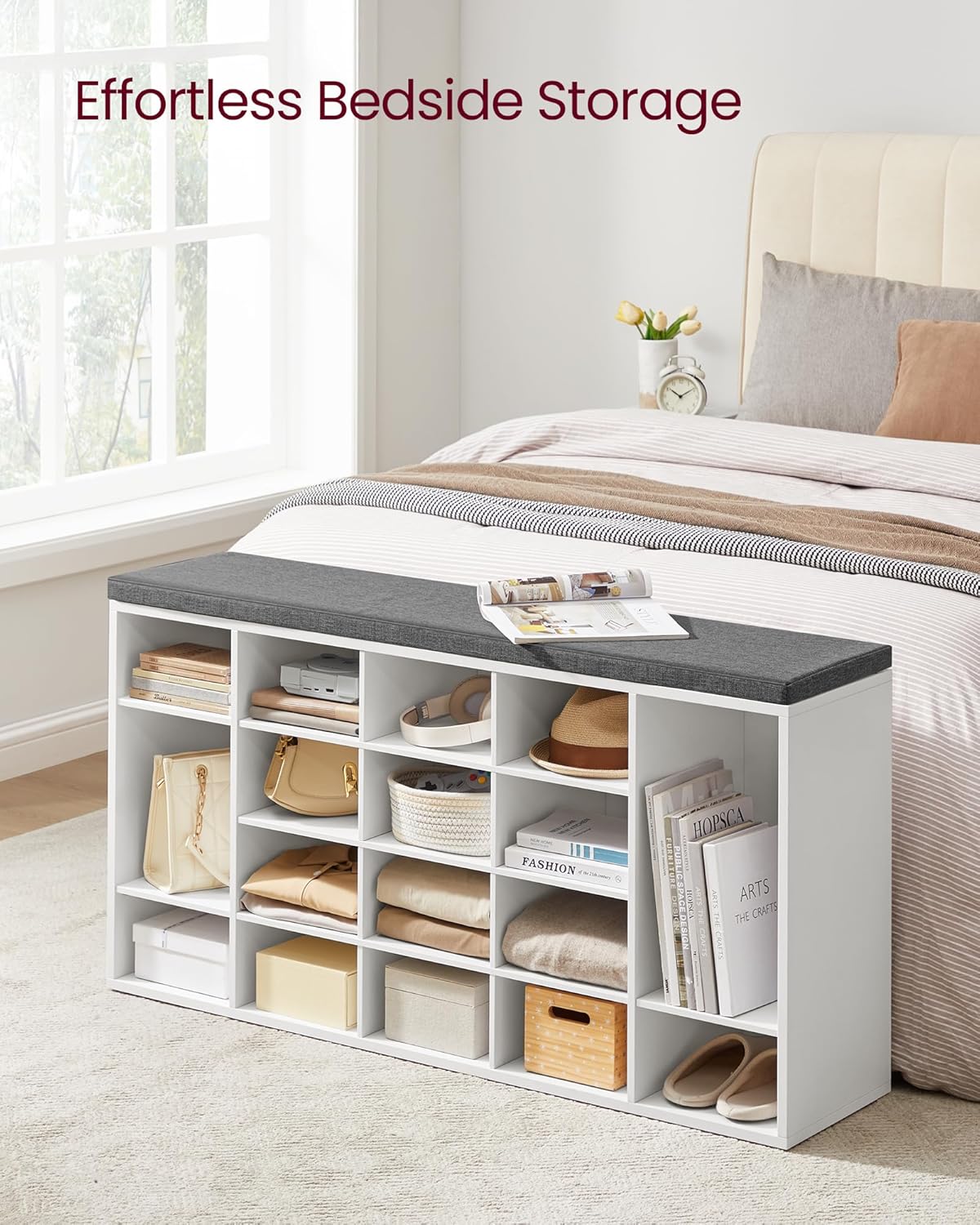 VASAGLE Custos Collection - Shoe Bench, Storage Bench with Padded Seat, Entryway Bench with 20 Compartments, for Bedroom, 12 x 47.2 x 24.7 Inches, Cloud White and Dove Gray ULHS045WB01