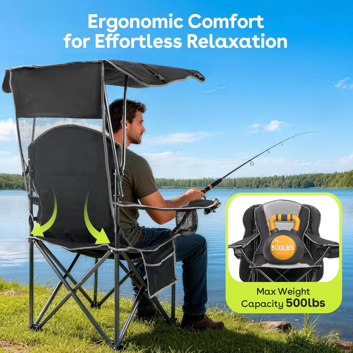 Suteck Camping Chair with Canopy, Outdoor Beach Chair with Adjustable Sun Shade Canopy, Cup Holder, Side Pockets - Heavy Duty Folding Chair with Full Sun Protection Supports 500lbs, Black