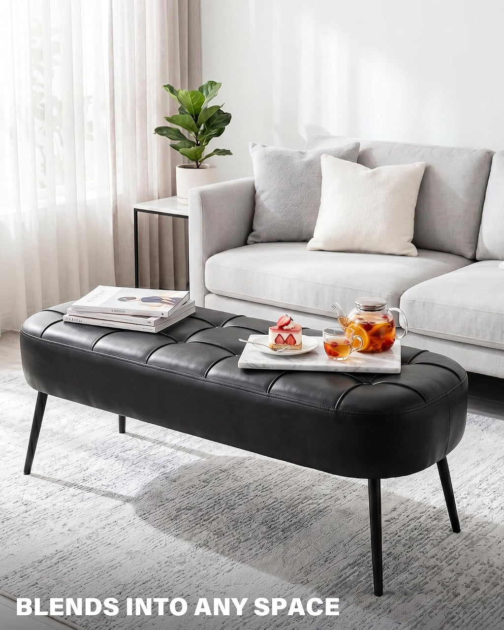 Entryway Bench, Modern PU Leather Upholstered End of Bed Bench Black | 43.7" Shoe Bench with Tufted Seat, 660 lb Capacity, Sturdy Metal Legs, Mid-Century Style, For Hallway, Living Room, Bedroom
