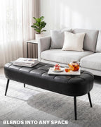 Entryway Bench, Modern PU Leather Upholstered End of Bed Bench Black | 43.7" Shoe Bench with Tufted Seat, 660 lb Capacity, Sturdy Metal Legs, Mid-Century Style, For Hallway, Living Room, Bedroom
