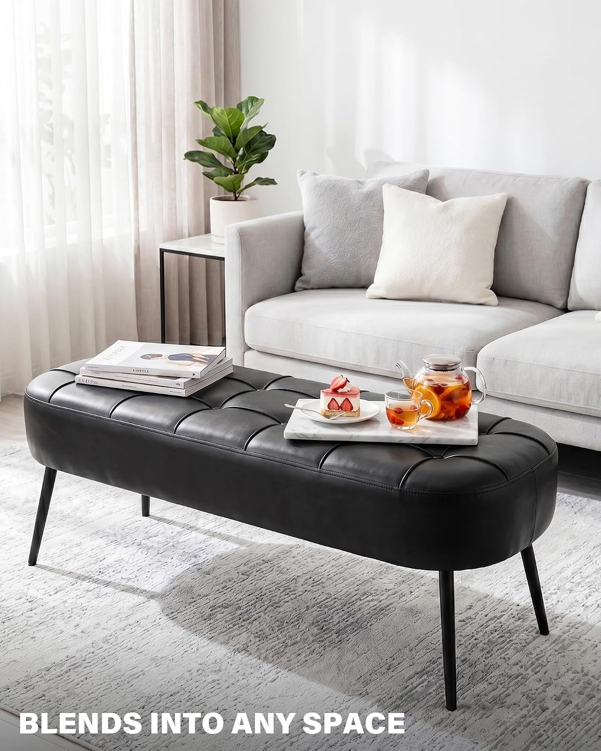Entryway Bench, Modern PU Leather Upholstered End of Bed Bench Black | 43.7" Shoe Bench with Tufted Seat, 660 lb Capacity, Sturdy Metal Legs, Mid-Century Style, For Hallway, Living Room, Bedroom