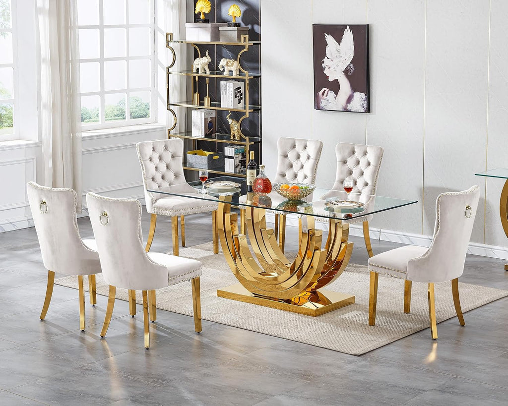 SSLine 7-Piece Gold Glass Dining Table Set for 6, Modern Luxury 70" Glass Dining Room Table with Three-Ring Shape Stainless Steel Base, Elegant Kitchen Table Set with 6 Beige Tufted Chairs