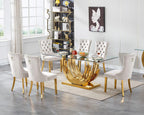 SSLine 7-Piece Gold Glass Dining Table Set for 6, Modern Luxury 70" Glass Dining Room Table with Three-Ring Shape Stainless Steel Base, Elegant Kitchen Table Set with 6 Beige Tufted Chairs
