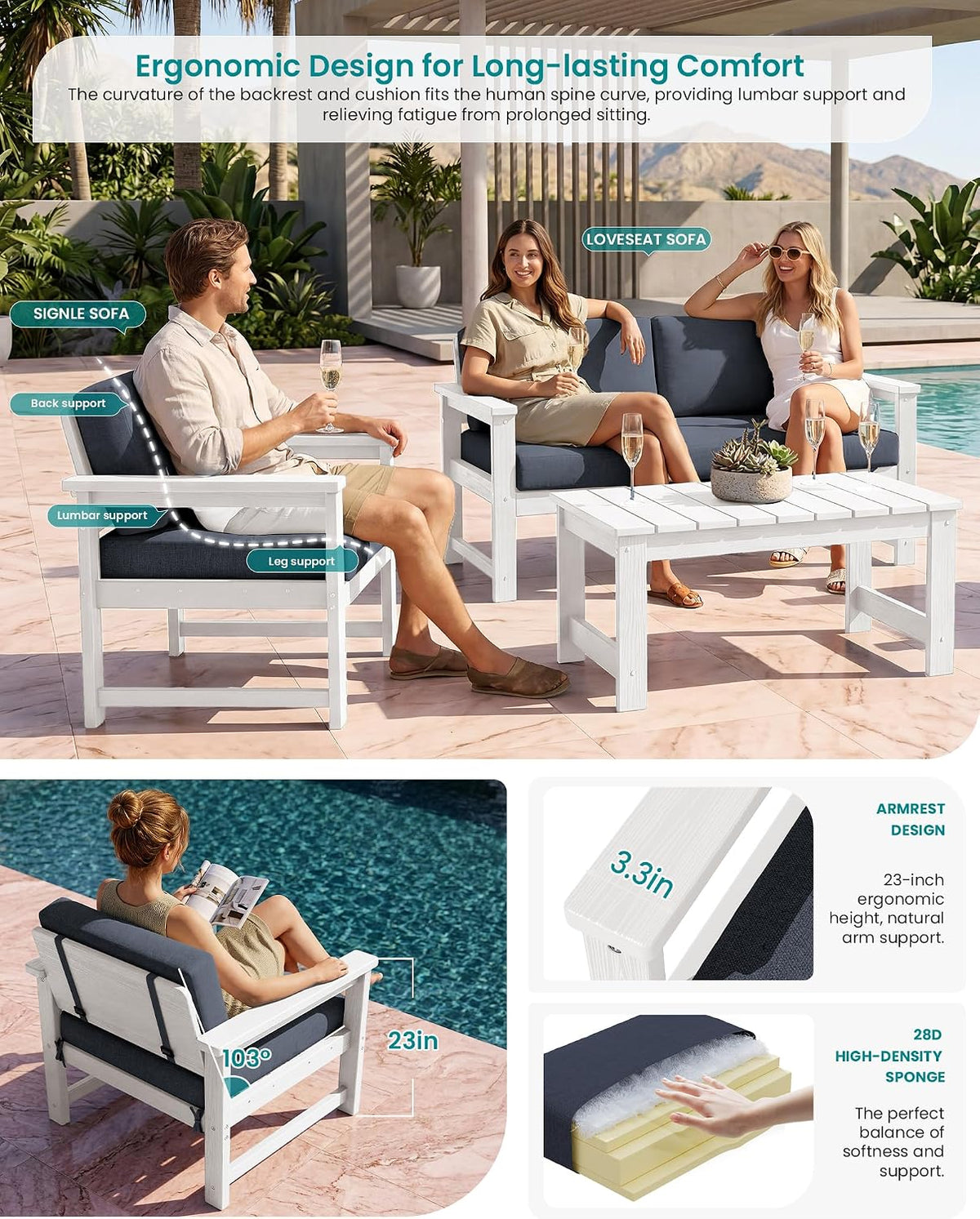 SERWALL HDPE Outdoor Loveseat with Cushions, All Weather Use Outdoor Loveseat Sofa, White Frame/Grey Cushion