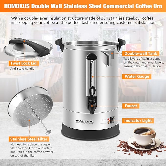 HOMOKUS Commercial Coffee Urn,14.2L Large Coffee Maker,100 Cup Double Wall Stainless Steel Coffee Dispenser,1500W Quick Brew Electric Coffee Percolator with Upgraded Internal Stage for Gathering