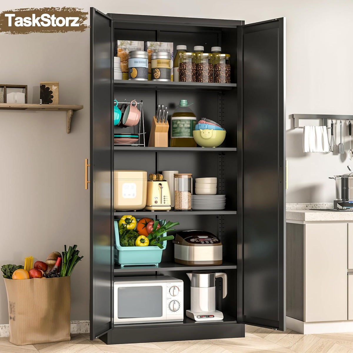 71" Tall Kitchen Pantry Cabinet, Metal Kitchen Pantry Storage Cabinet with Doors and 4 Adjustable Shelves, Freestanding Pantry Cupboard for Living, Dining Room, Black
