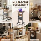 C Shaped End Table with Charging Station, Small Side Table for Couch, C Table Slides Under Sofa with Storage Bag, TV Tray Table for Recliner, Living Room, Bedside, Bedroom, Small Spaces, Rustic Brown