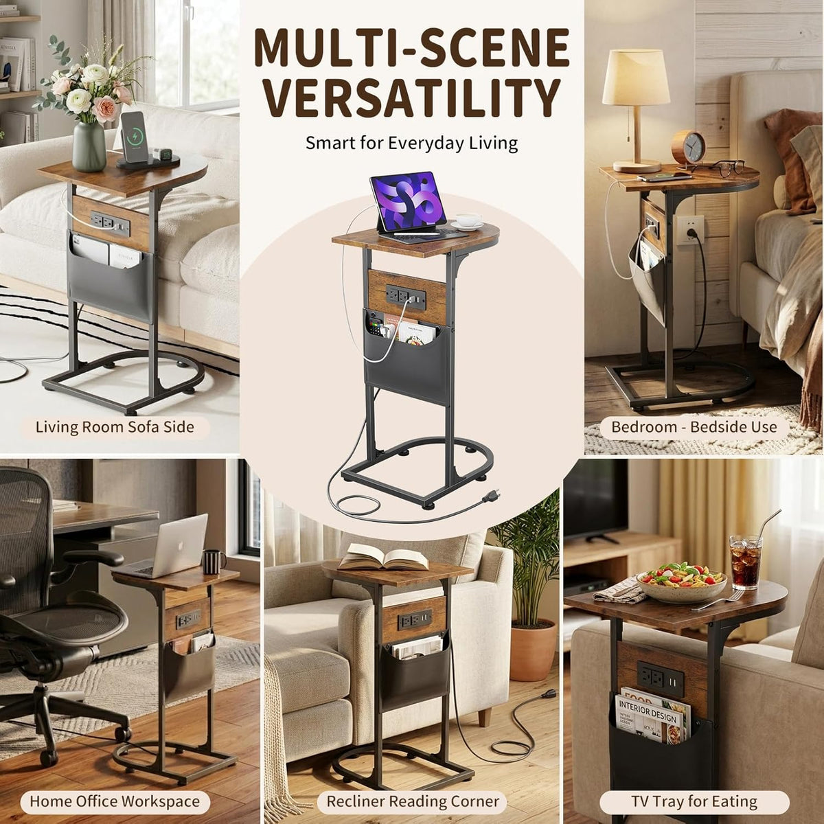 C Shaped End Table with Charging Station, Small Side Table for Couch, C Table Slides Under Sofa with Storage Bag, TV Tray Table for Recliner, Living Room, Bedside, Bedroom, Small Spaces, Rustic Brown