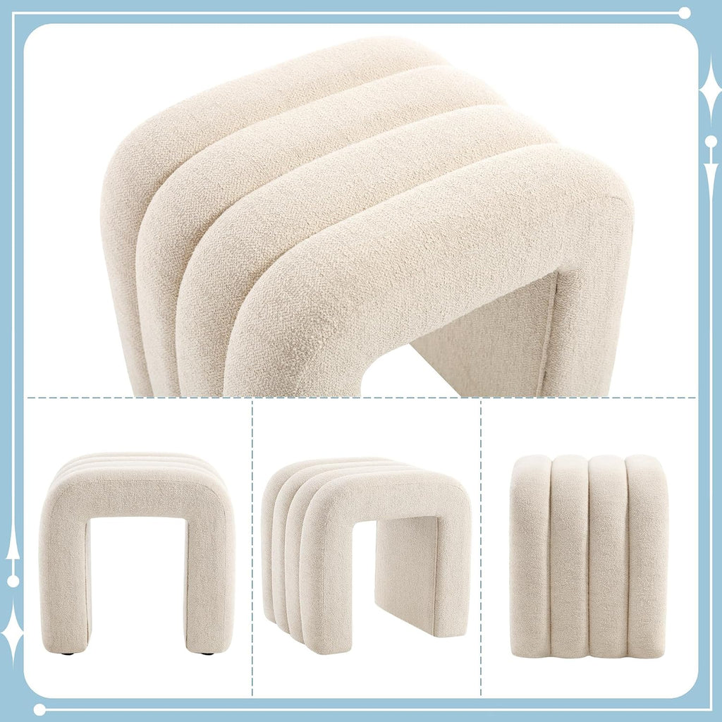 Flouki Ottoman Foot Stool with Channel Tufted, Small Ottoman Bench for Entryway, Modern Vanity Stool Chair, Upholstered Foot Rest Extra Seat for Living Room (Beige Linen)