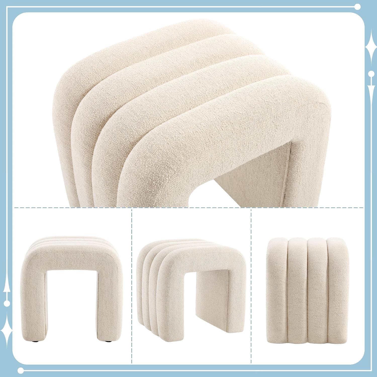 Flouki Ottoman Foot Stool with Channel Tufted, Small Ottoman Bench for Entryway, Modern Vanity Stool Chair, Upholstered Foot Rest Extra Seat for Living Room (Beige Linen, Set of 2)