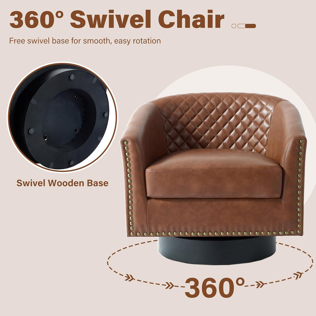 Pia Ricco Swivel Barrel Accent Chairs Set of 2, 360° Swivel Round Single Sofa Chair, Faux Leather Comfy Upholstered Club Armchair with Nailhead Trim for Living Room/Reading Room/Bedroom, Brown