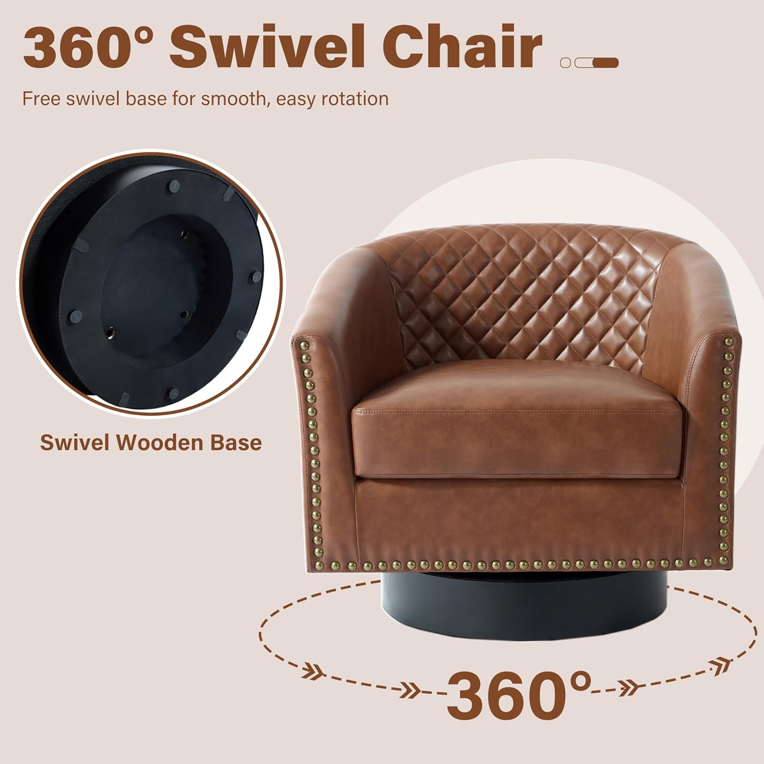 Pia Ricco Swivel Barrel Accent Chairs Set of 2, 360° Swivel Round Single Sofa Chair, Faux Leather Comfy Upholstered Club Armchair with Nailhead Trim for Living Room/Reading Room/Bedroom, Brown