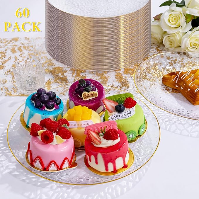 Rubtlamp 60 Pieces Gold Plastic Plates - 10 inch Clear Dinner Plates - Hammer Pattern Design - Fancy Clear and Gold Disposable Plates For All Occasions