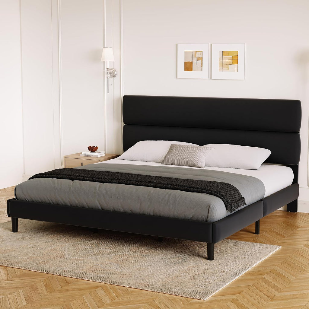 GRUSIGN King Size Platform Bed Frame with Velvet Headboard, Adjustable Height Wooden Slats Support, Upholstered Mattress Foundation, Fits Mattress or Mattress with Box Spring, Easy Assembly, Black