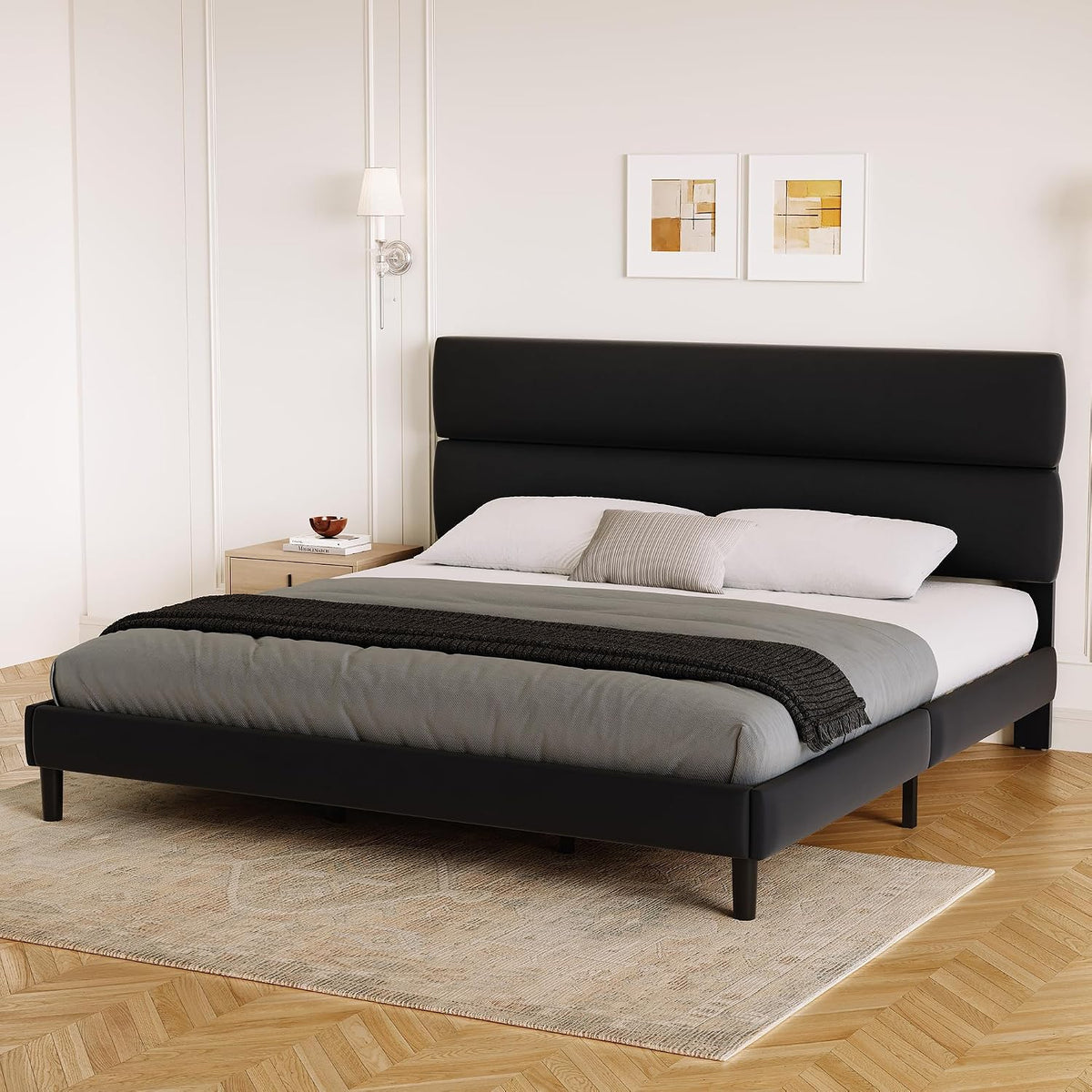GRUSIGN King Size Platform Bed Frame with Velvet Headboard, Adjustable Height Wooden Slats Support, Upholstered Mattress Foundation, Fits Mattress or Mattress with Box Spring, Easy Assembly, Black