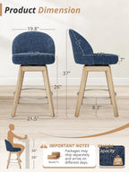 LUE BONA 360° Swivel Bar Stools Set of 4, 26" Wood Legs, Fabric Blue