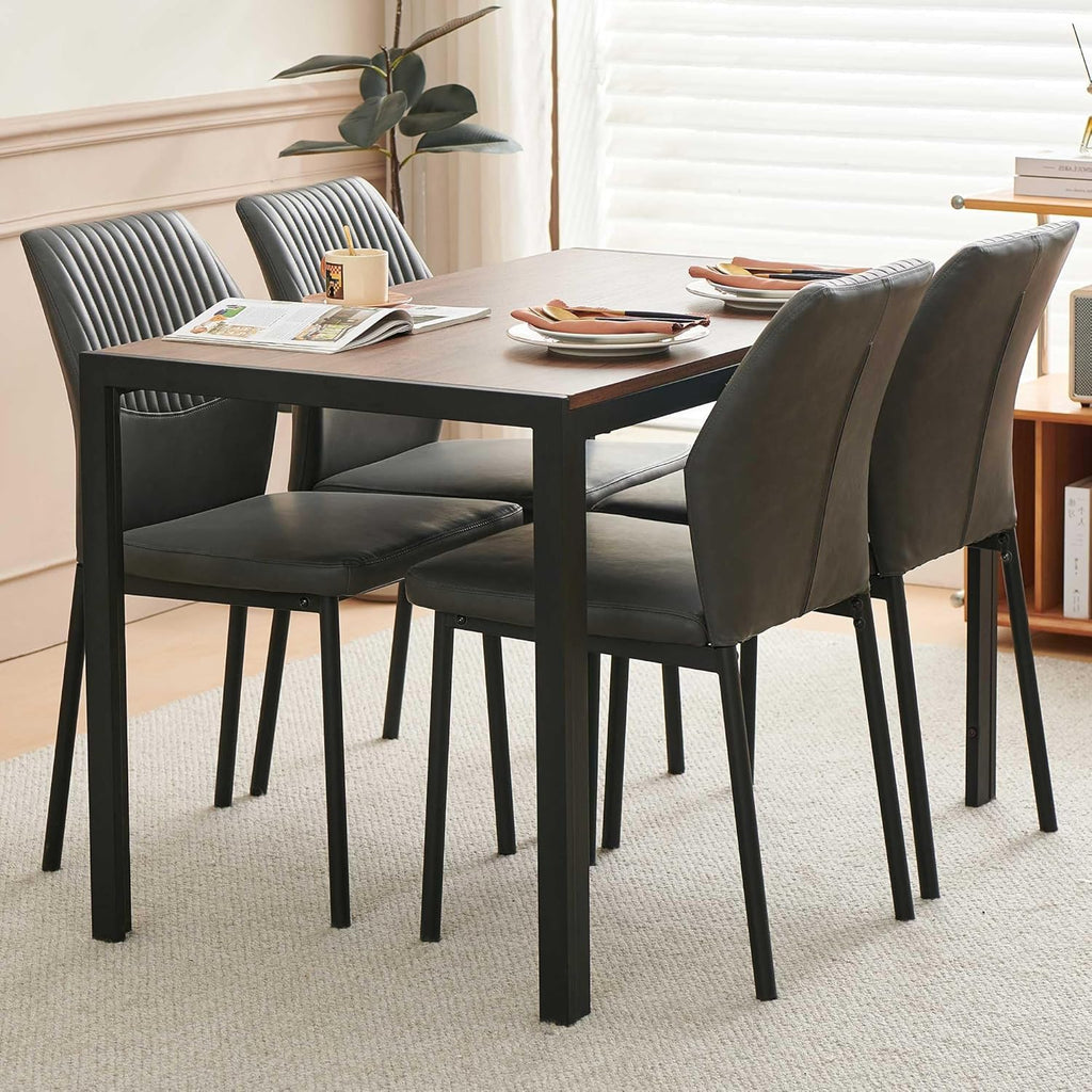 Modern Dining Chairs Set of 4, PU Leather Comfortable Upholstered Dining Room Kitchen Side Chair with Black Metal Legs for Living Room Restaurant, Waterproof, Space-Saving (Grey)