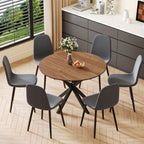 Round Dining Table Set for 6, 43-59" Extendable Dining Room Table Set, Walnut Wood Grain Table and 6 Dark Gray Linen Upholstered Chairs Set, Mid Century Modern Kitchen Table Set with Cross Legs