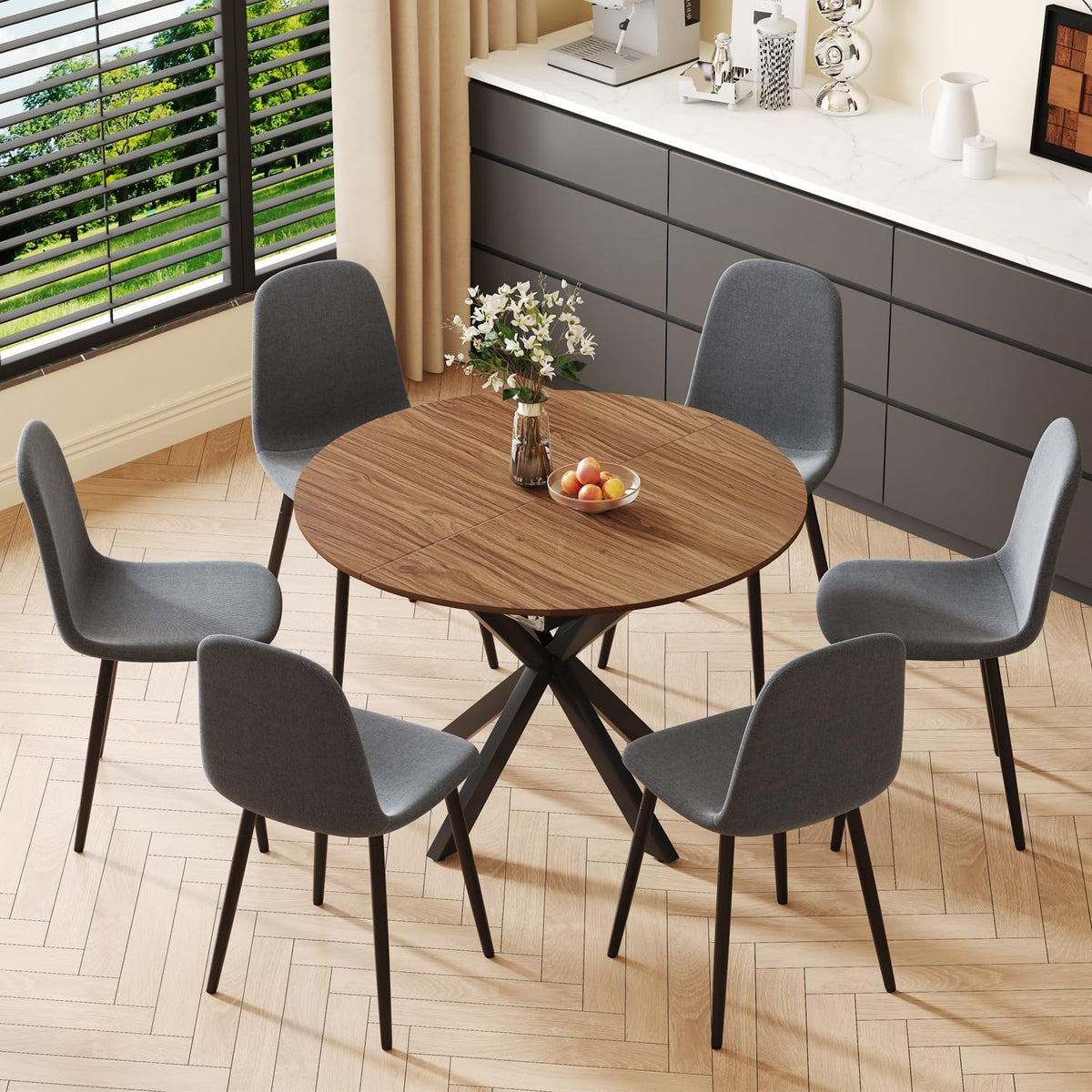 Round Dining Table Set for 6, 43-59" Extendable Dining Room Table Set, Walnut Wood Grain Table and 6 Dark Gray Linen Upholstered Chairs Set, Mid Century Modern Kitchen Table Set with Cross Legs