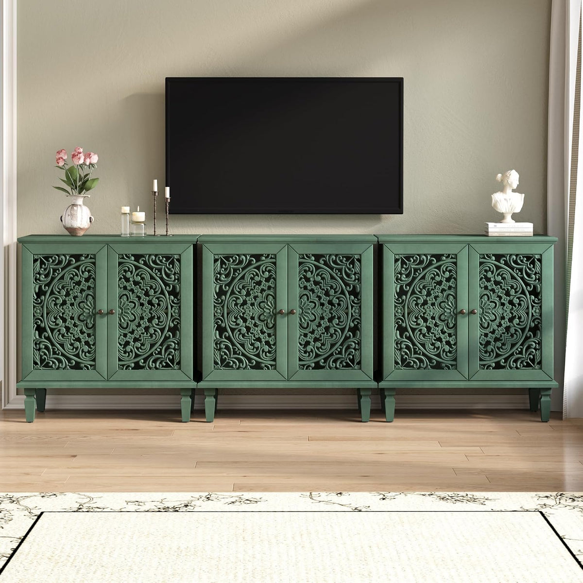 Sideboard Buffet Cabinet with Storage, Accent Cabinet with 2 Carved Doors and Adjustable Shelf, Farmhosue Console Table with Solid Wood Legs, Symmetrical Floral Design, Antique Green