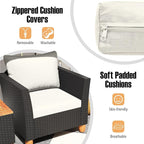 Tangkula 3 Pieces Patio Porch Furniture Set, PE Rattan Wicker Chair Conversation Set with Cushions and Storage Table, Outdoor Acacia Wood Bistro Set for Garden, Poolside (White)