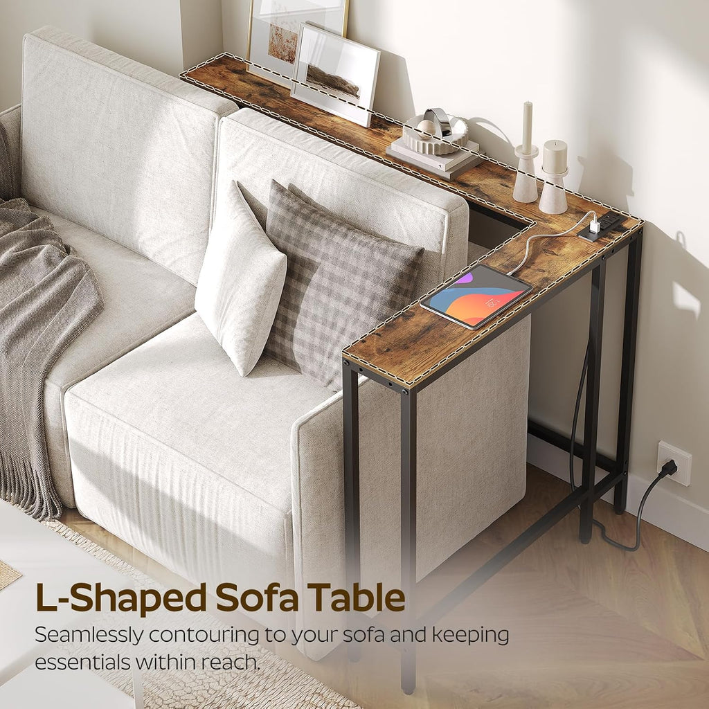 YATINEY Narrow Console Table with Outlets, 70.9" Sofa Table Narrow Long, L Shaped Behind Couch Entryway Table with Charging Station, for Living Room, Hallway, 3 Assembly Options, Rustic Brown CT07UBR