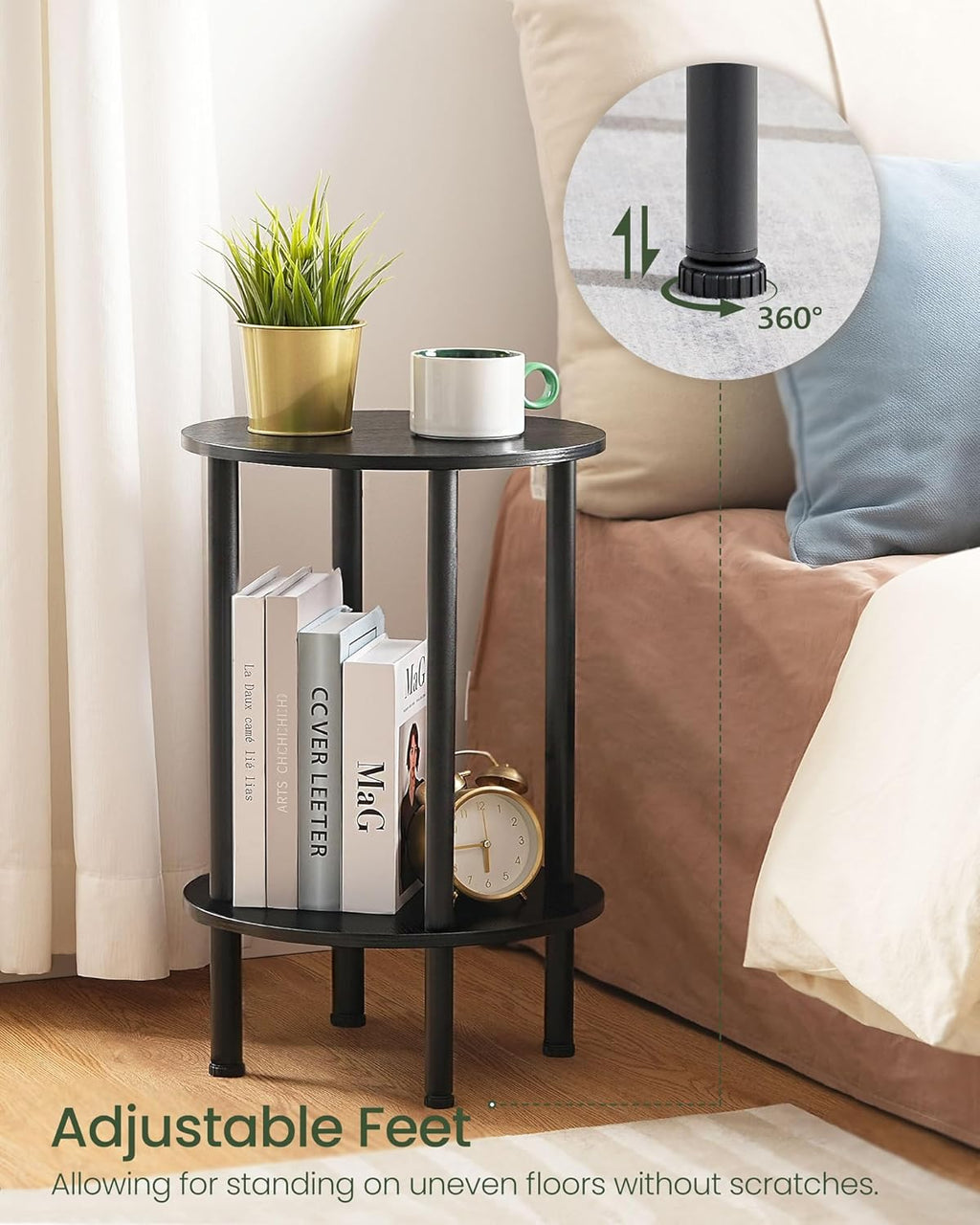 CHOEZON Round Side Table, 2-Tier End Table, Small Round Nightstand with Sturdy Metal Tube, Industrial Circular Coffee Table, for Living Room, Bedroom, Black TBZ01BB