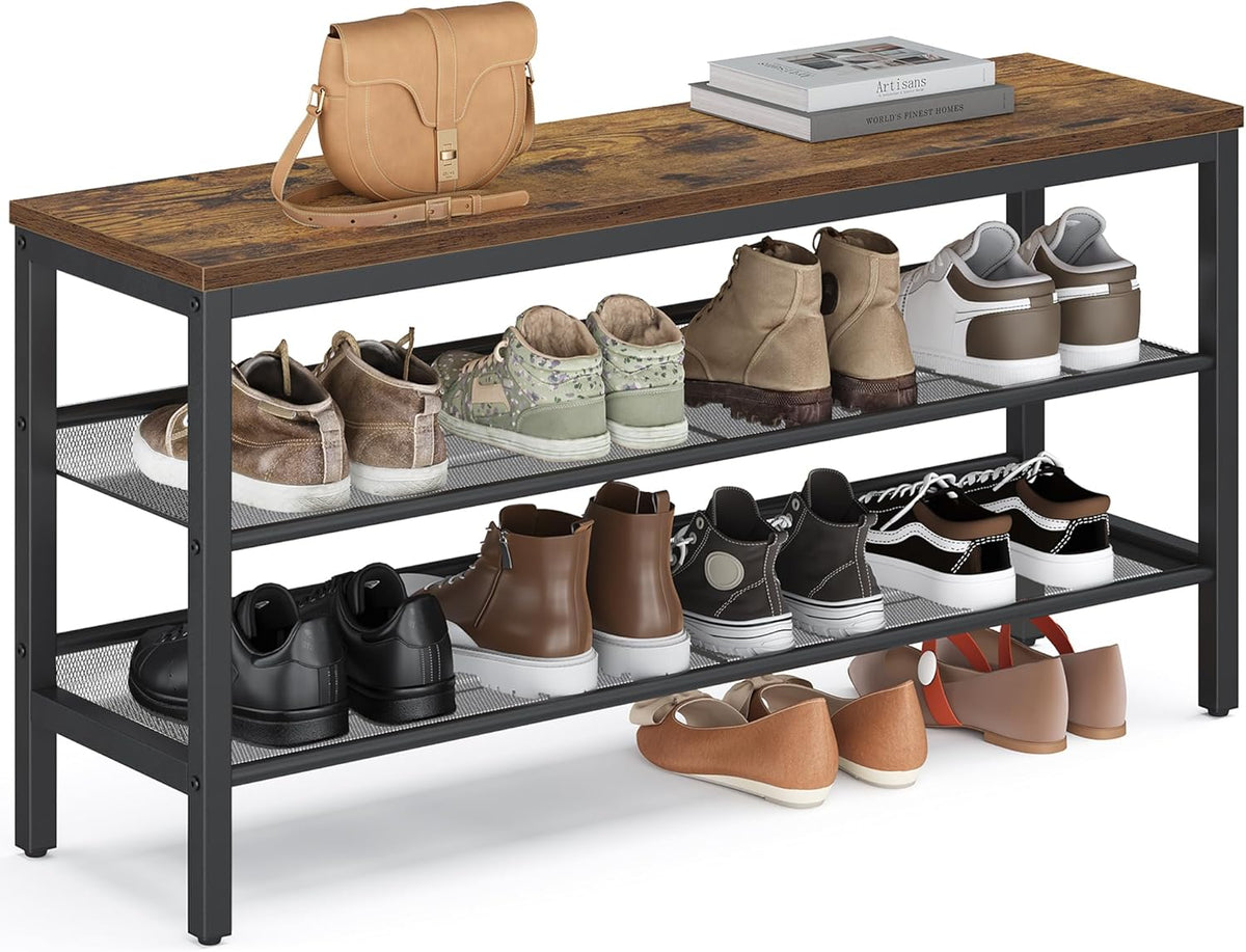 VASAGLE 3 Tier Shoe Rack Bench, One Piece Shelves, Shoe Storage Organizer with Raised Edges, Industrial Style, Easy Assembly, 11 x 39.4 x 19.7 Inches, Rustic Brown and Matte Black ULSB075KD01S