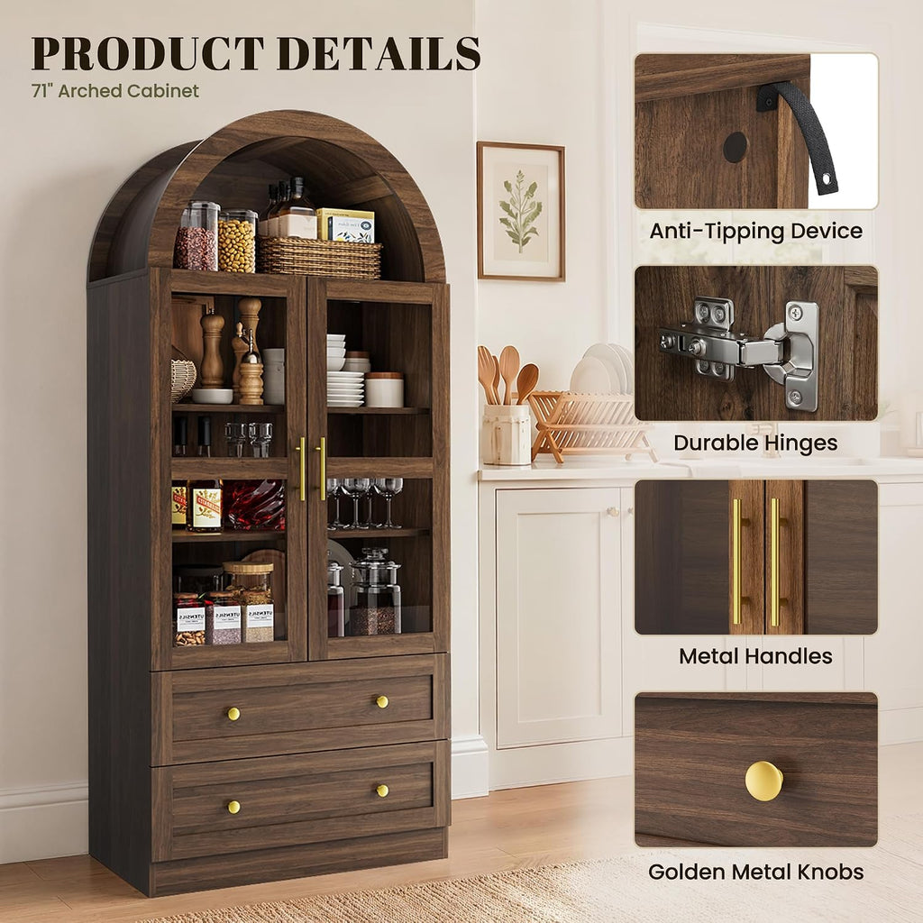 71" Tall Arched Kitchen Pantry Cabinet, Modern Farmhouse Kitchen Storage Cabinet with 2 Large Drawers & Acrylic Doors, Freestanding Versatile Cupboard for Living Room, Dining Room, Brown