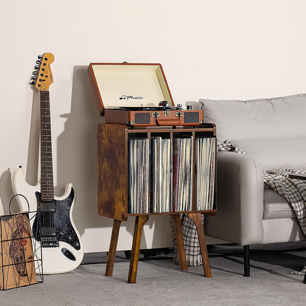 LELELINKY Small Record Player Stand, 4 Cabinet Vinyl Storage Table, Brown | Width 11.7 In, Up to 80 Albums, Vinyl Holder with Wood Legs, Turntable Stand Display Shelf for Bedroom and Living Room