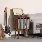 LELELINKY Small Record Player Stand, 4 Cabinet Vinyl Storage Table, Brown | Width 11.7 In, Up to 80 Albums, Vinyl Holder with Wood Legs, Turntable Stand Display Shelf for Bedroom and Living Room