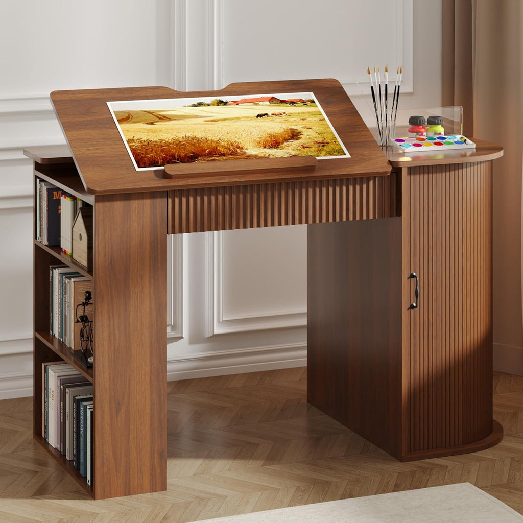 Drafting Table with Storage Cabinet & Drawers, Crafting Table with Open Shelves, Fluted Drawing Desk Computer Desk for Artists, Painters, Drawing, Crafting, Reading, Writing, Working