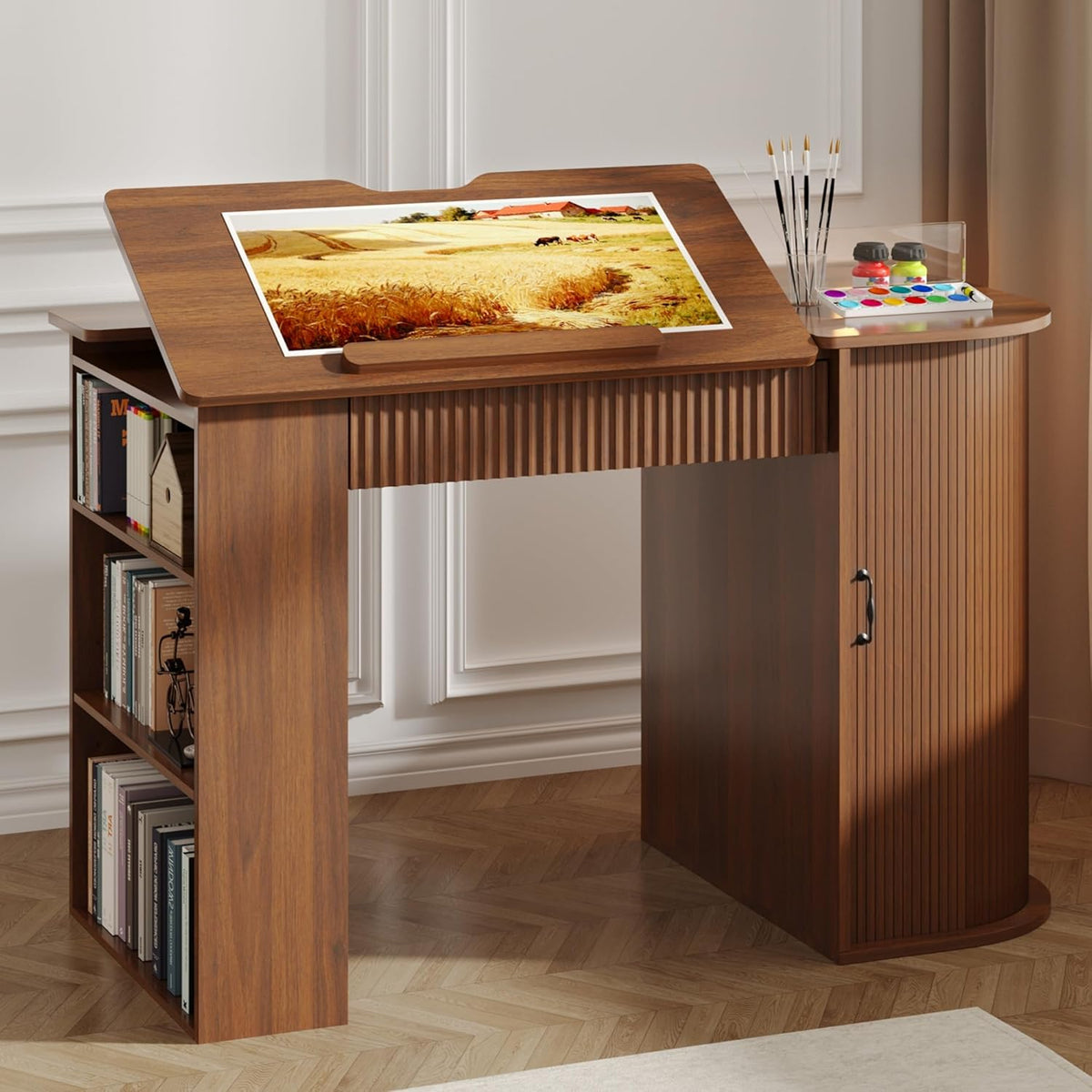 Drafting Table with Storage Cabinet & Drawers, Crafting Table with Open Shelves, Fluted Drawing Desk Computer Desk for Artists, Painters, Drawing, Crafting, Reading, Writing, Working