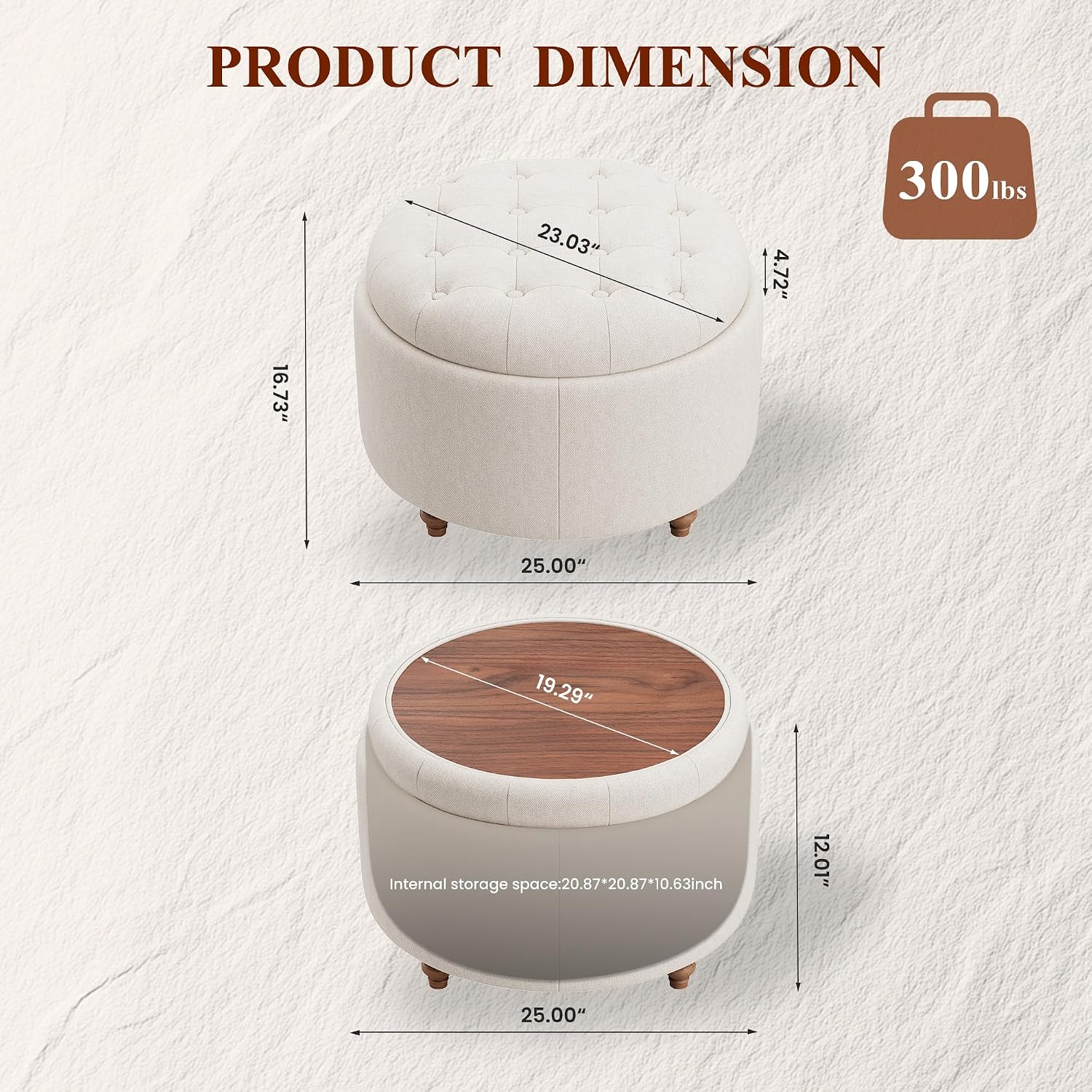 25" Round Ottoman with Storage, Small Coffee Table with Reversible Tray Lid | Tufted Fabric Round Storage Ottoman with Solid Wood Legs, 3-in-1 Footrest for Living Room, Bedroom, Entryway, Camel