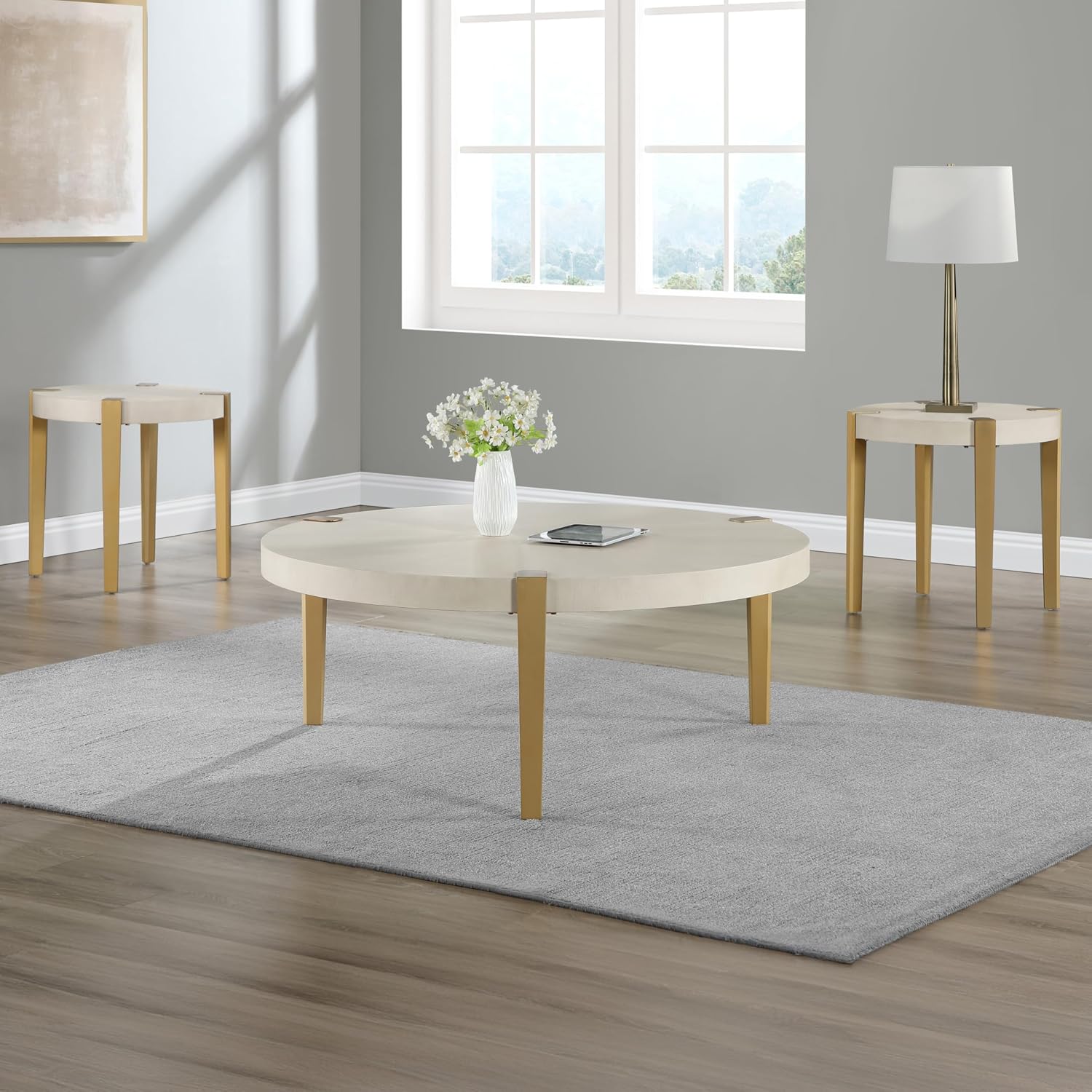 Steve Silver Furniture Gracie End Table, 24" H Table, Contemporary/Modern Design, Satin Gold Finished Metal Legs, 300lb Capacity, Living Room, Bedroom, 23.5" L x 23.5" W x 24" H, White