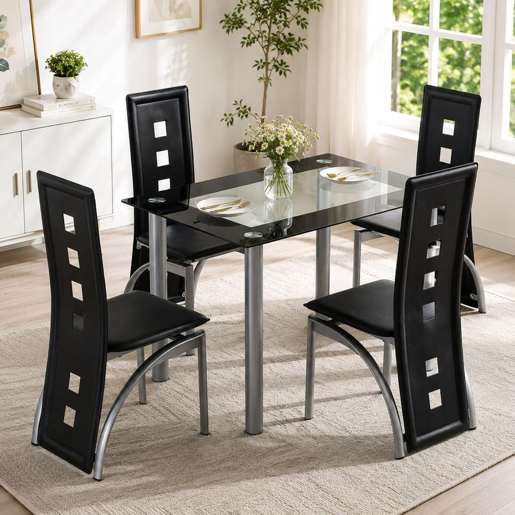 Karl home 5-Piece Dining Table Set, W/ 4 PVC Chairs & Glass Dining Table | Modern glass dining table set for 4, for kitchen & breakfast dining living room, space saving, easy assembly