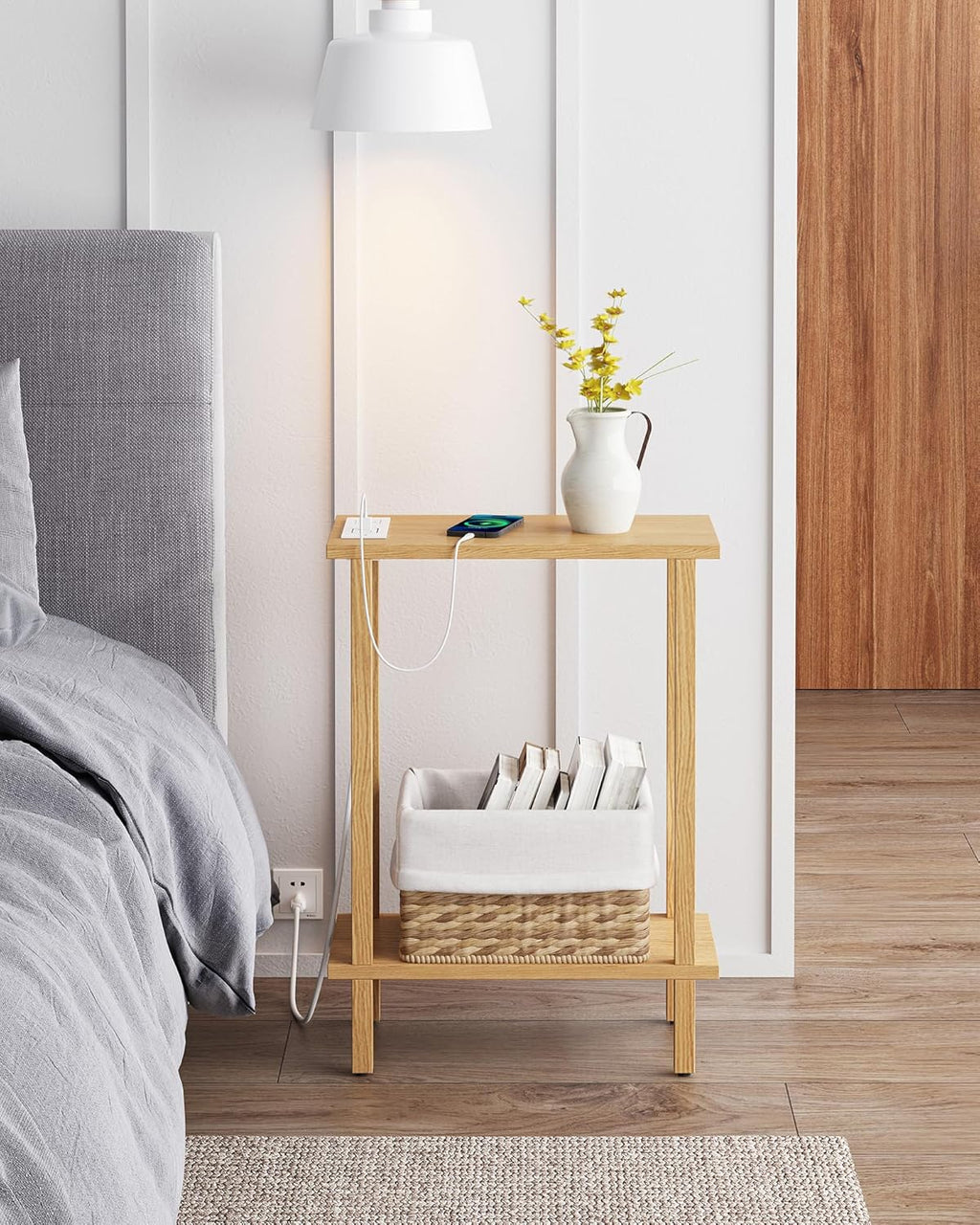 TUTOTAK Small End Table with Charging Station, Narrow Side Table with USB Ports and Outlets, Skinny Sofa Table, Slim Nightstand, Living Room, Bed Room, Natural TB01BN060