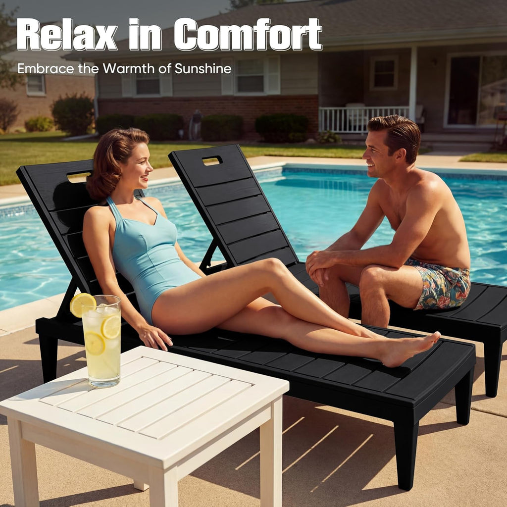 Devoko Outdoor Chaise Lounge Chair Set of 2 with 5-Position Adjustable Back, Waterproof & Lightweight PP Lounge Chairs for Outside Pool Patio (Black)