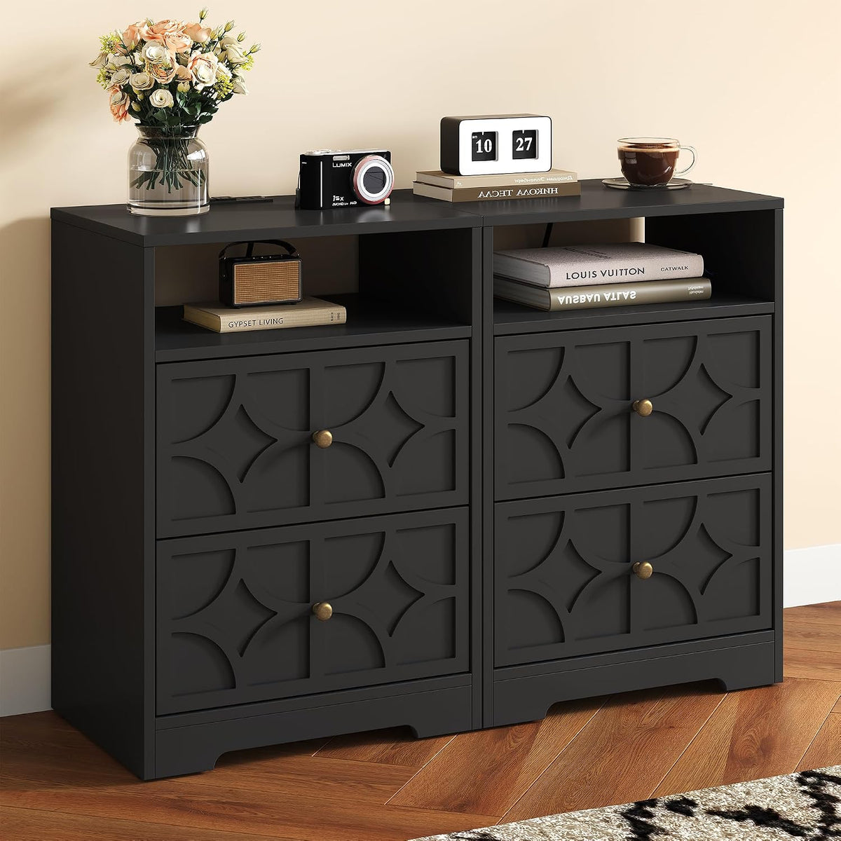 RoyalCraft Nightstand Set of 2, Large Night Stand with Charging Station, Modern Side Table with 2 Drawers, Accent End Table, Storage Cabinet for Bedroom, Entryway, Black