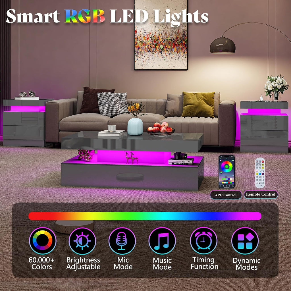 AMERLIFE 3-Piece High Gloss Coffee Table Set with LED Lights
