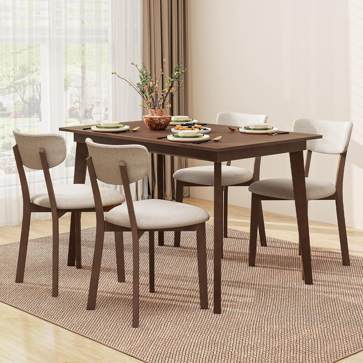 Giantex Dining Table for 4, 48" Rectangular Wooden Kitchen Table with Solid Rubber Wood Legs, Mid Century Modern Dinner Table for Dinette, Living Room, Home Office (Brown)
