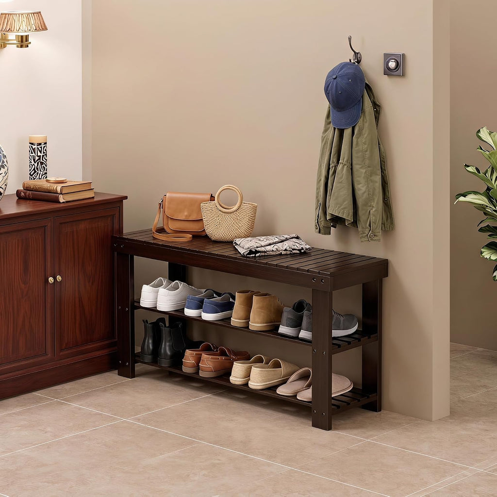 Bamboo Shoe Bench, 3-Tier Shoe Organizer Holds Up to 286 lb, Entryway Bench with Shoe Storage Suitable for Closet & Living Room, 11.22 x 35.43 x 17.91, Espresso Brown