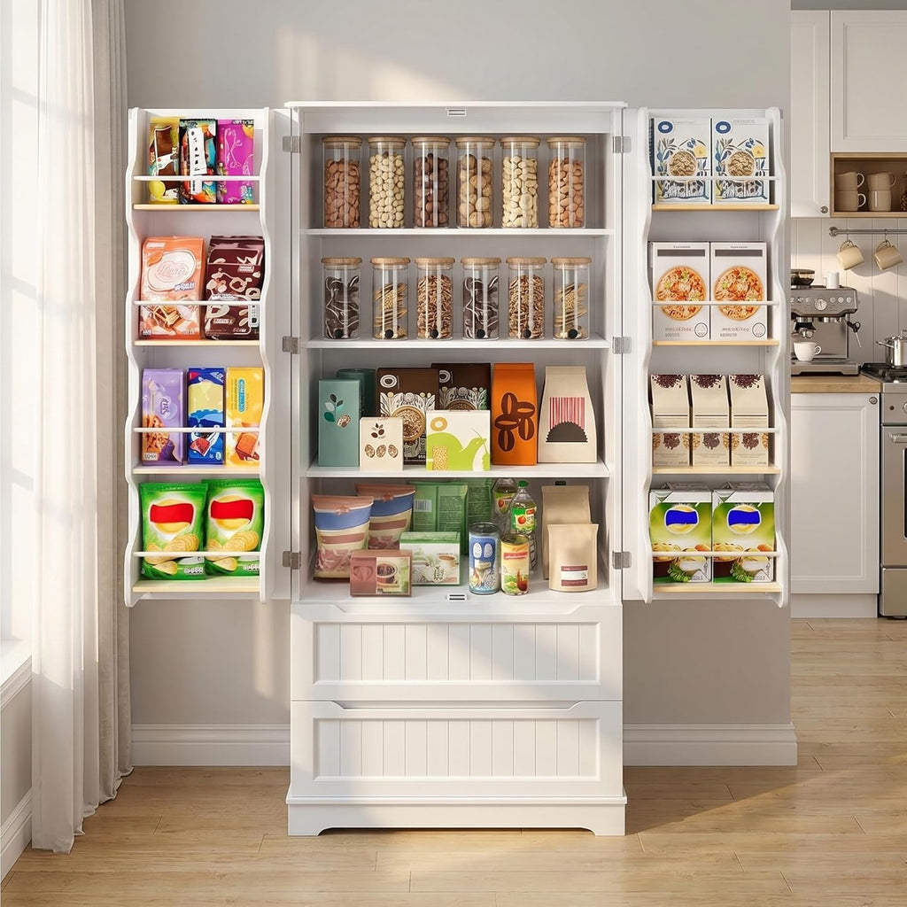 Gizoon 71" Tall Kitchen Pantry Cabinet with Drawers for Dining Room, Food Pantry Storage Cabinet with 8 Doors Shelves for Snack and Spice, Large Craft Storage Cabinet for Craft Room, White, Painted
