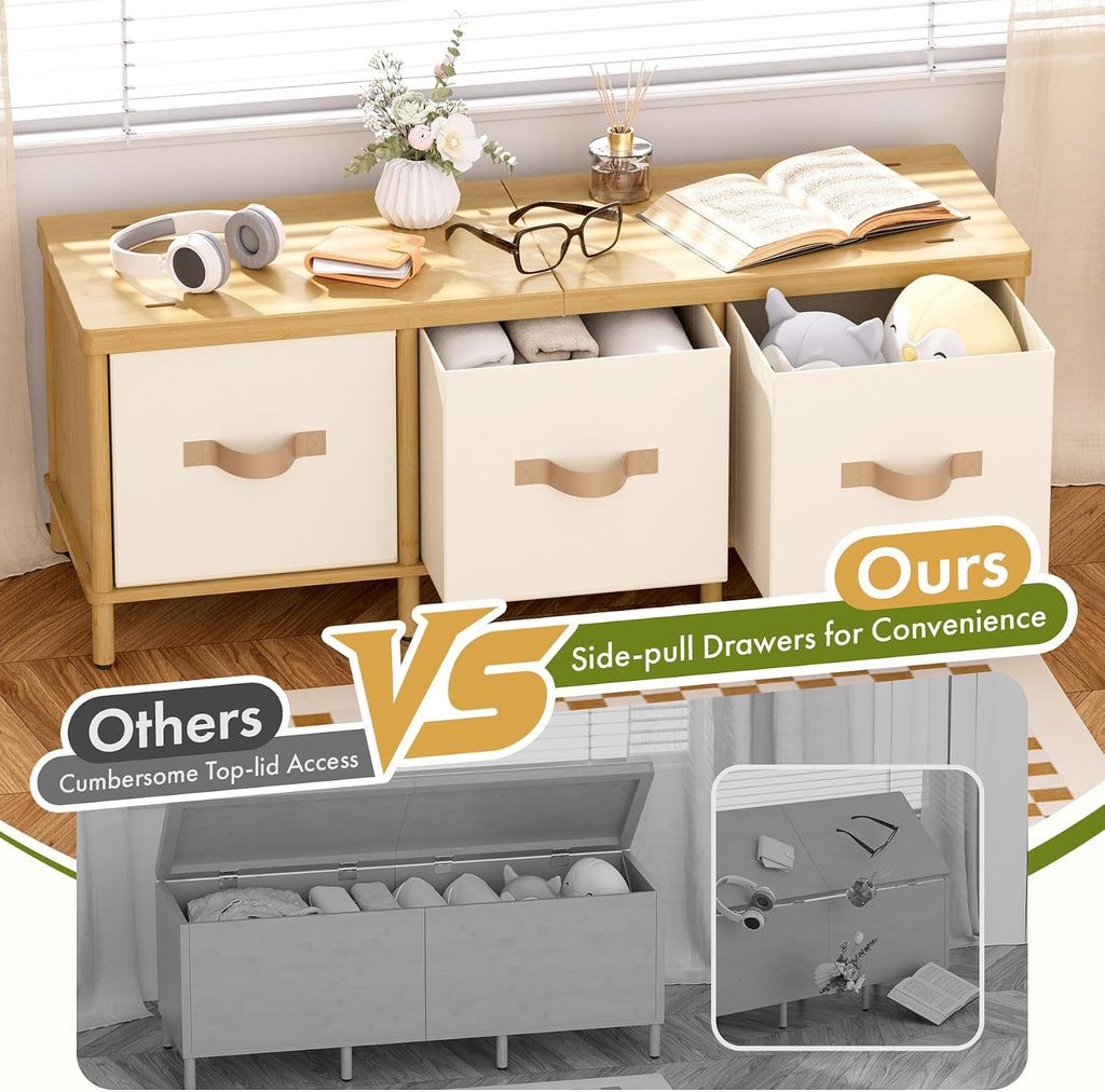 Shoe Bench, 43.3" Storage Bench, Entryway Bench with Cushion Seat | Natural Bamboo Bench with Storage, Easy Assembly, End of Bench with Drawers, Storage Organizer for Bedroom/Entryway/Closet